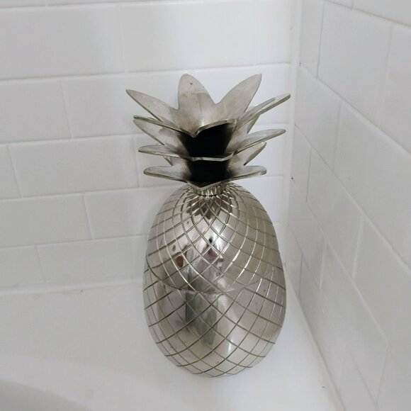 MCM Metal Chrome Silver Pineapple Ice Bucket Rimmed Canister 14" - Picture 2 of 7